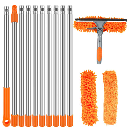 Extended Window Cleaning Kit 2 in 1 Double Sided Glass Squeegee Cleaner Duster Mop 180° Swivel Window Cleaning Tools